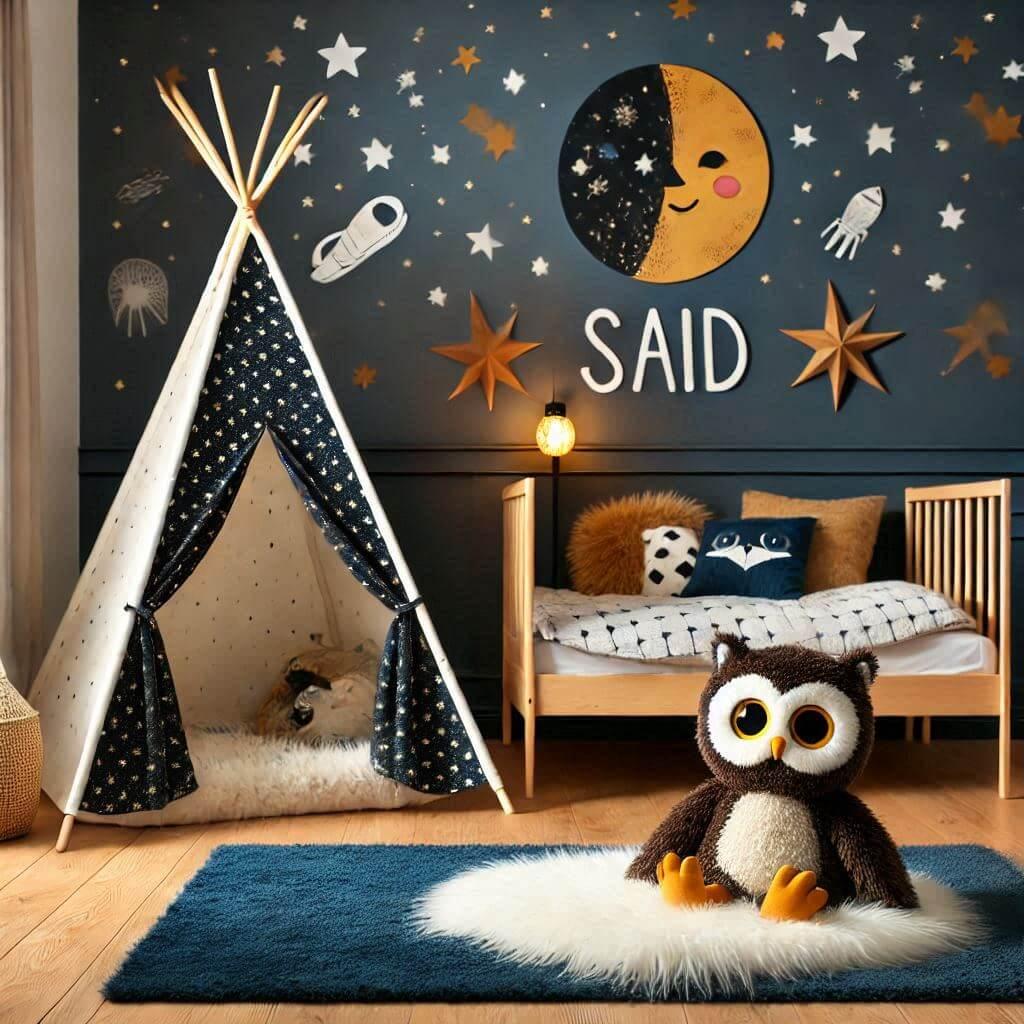 Decoration de chambre denfant garcon sur le theme espace et galaxies avec un lit cabane nomme said un tipi couleur bleu nuit moutarde un tapis fourure bleu nuit tapis de fourure bl