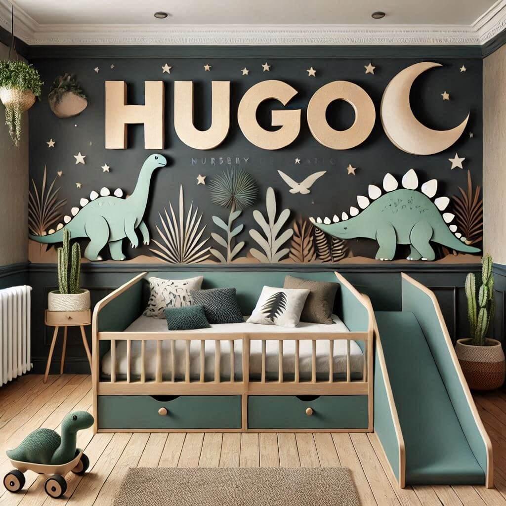 Decoration de chambre d enfant nomme hugo sur le theme dinosaure dans des couleurs vert fonce vert de eau bleu nuit marron et beige lit toboggan