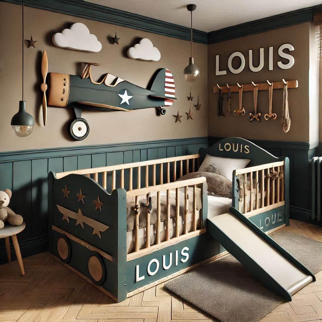 Belle chambre de bebe garcon avec le prenom Louis, theme aviateur