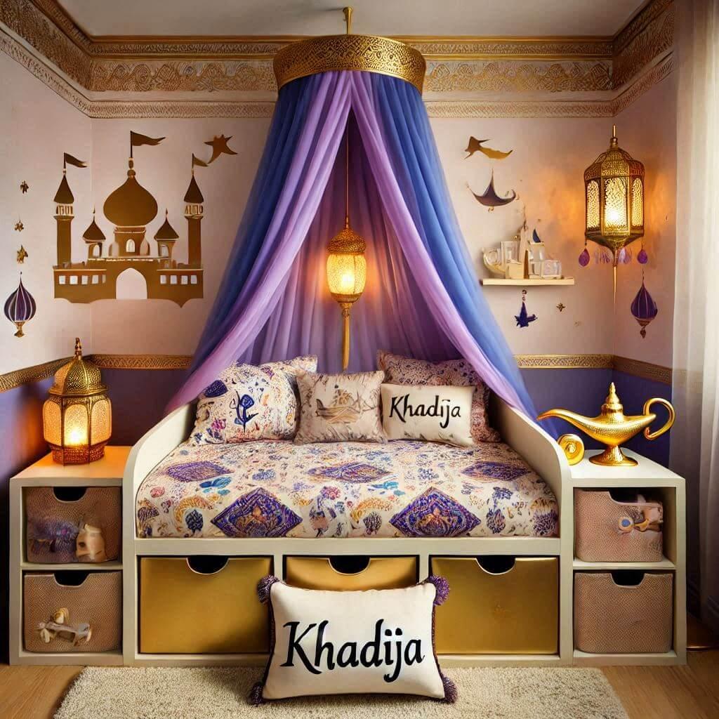 Decoration de chambre denfant sur le theme aladin avec un lit simple ciel de lit couleur bleu violet dore meuble cube pour les jouets draps motifs palaiq lampe chateau allumee le p