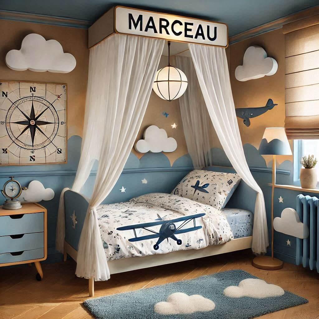 Decoration de chambre denfant sur le theme aviateur avec le prenom marceau la chambre est concue comme un cockpit de vol avec un lit simple orne dun ciel de lit aux couleurs bleu c