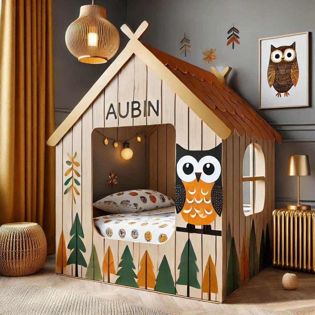 Decoration de chambre denfant sur le theme chouette et foret enchantee avec le prenom aubin