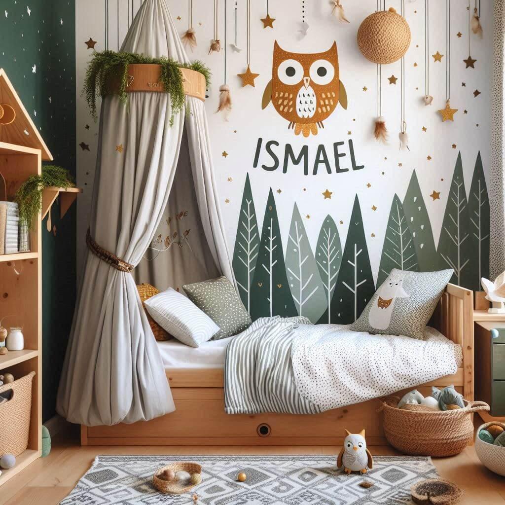 Decoration de chambre denfant sur le theme chouette et foret enchantee avec le prenom ismael dans la decoration avec un lit cabane comme une petite maison rideaux or couleur or ora