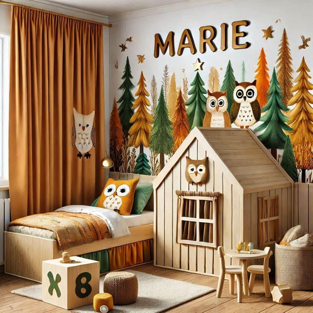 Decoration de chambre denfant sur le theme chouette et foret enchantee avec le prenom marie