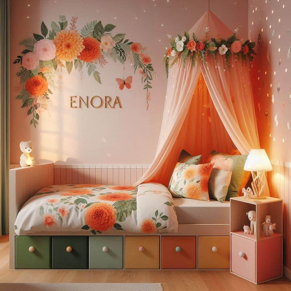 Decoration de chambre denfant sur le theme des fleurs avec le prenom enora avec un lit simple ciel de lit couleur orange rouge vert marron meuble cube pour les jouets draps motifs