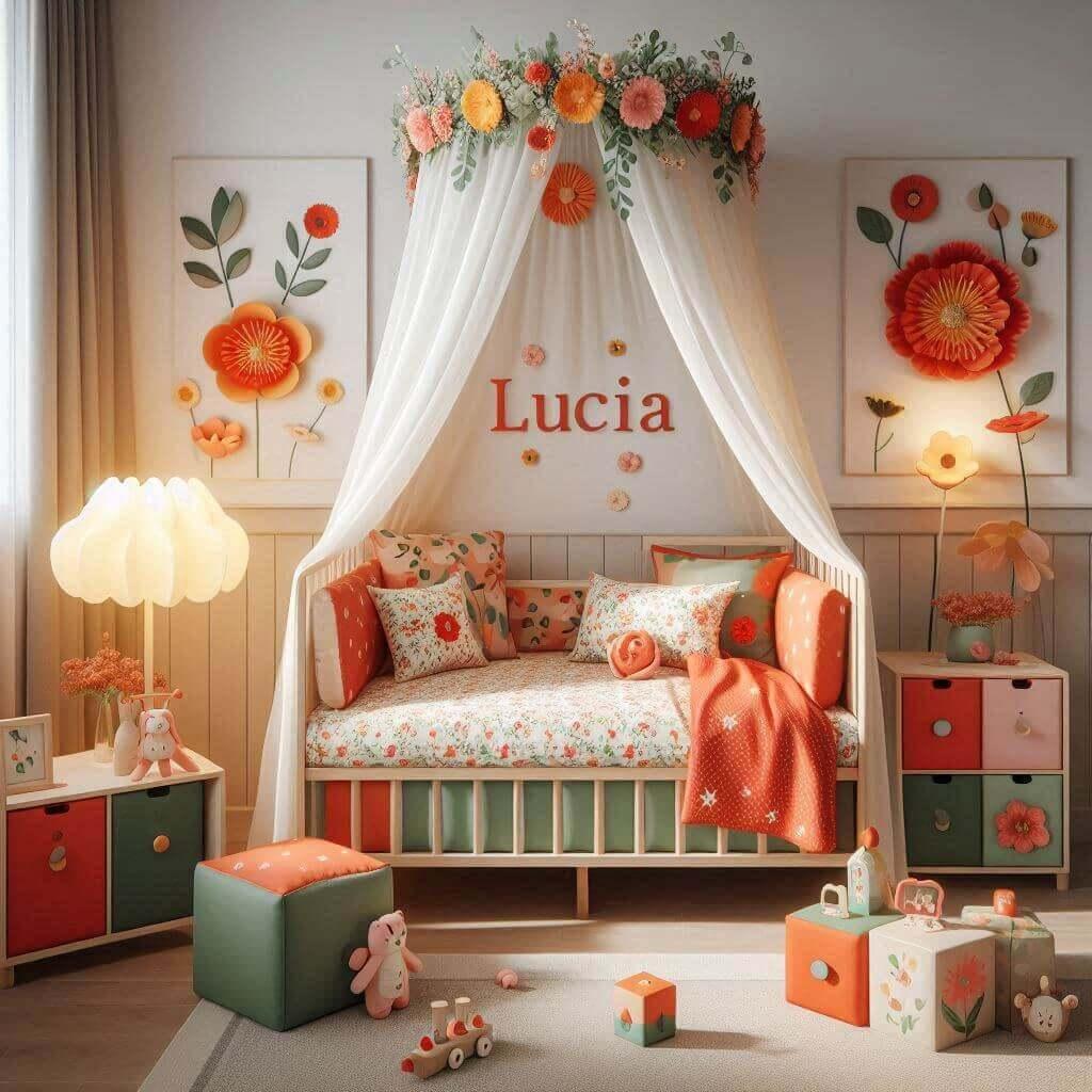 Decoration de chambre denfant sur le theme des fleurs avec le prenom lucia avec un lit simple ciel de lit couleur orange rouge vert marron