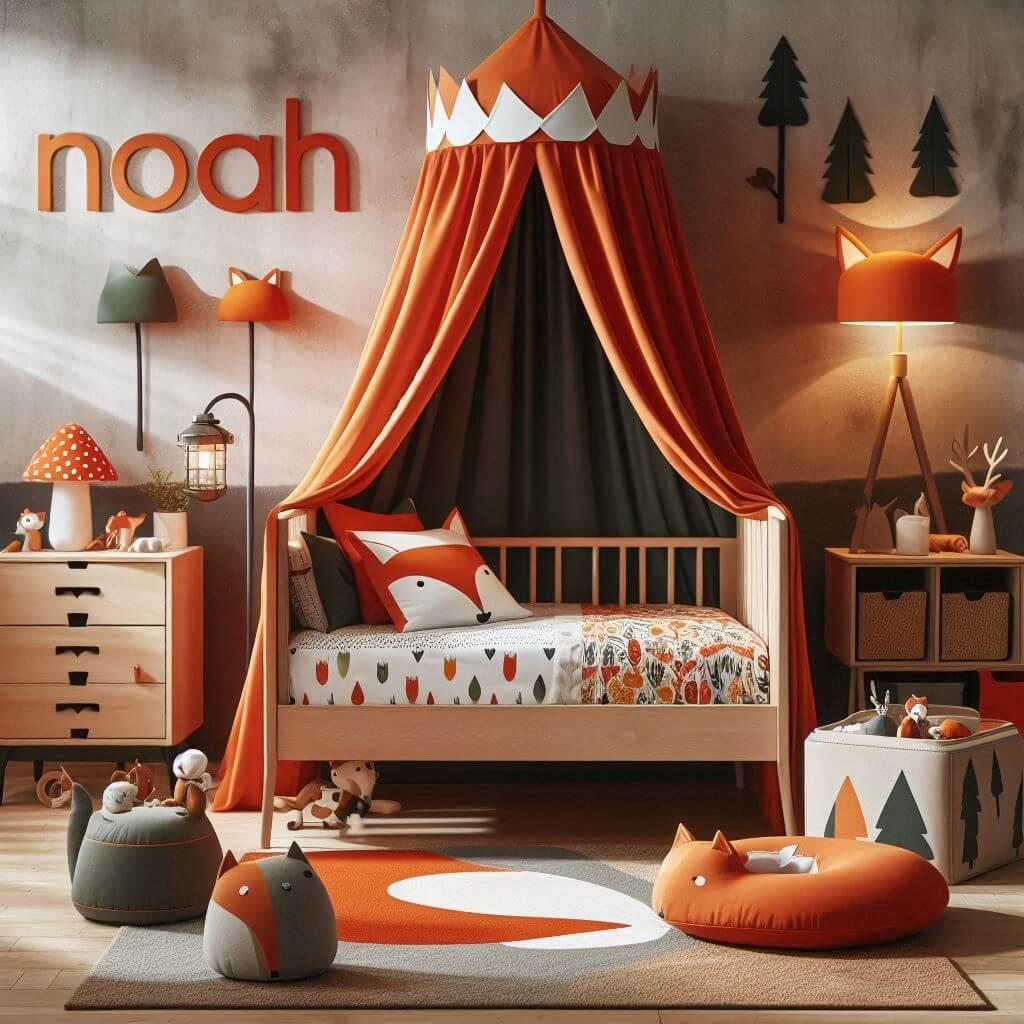 Decoration de chambre denfant sur le theme du renard avec le prenom noah avec un lit simple ciel de lit couleur orange rouge vert marron meuble cube pour les jouets draps motifs re