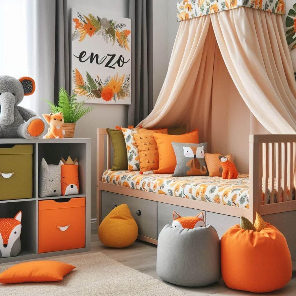 Decoration de chambre denfant sur le theme elephant avec le prenom enzo ecrit sur un coussin avec un lit simple ciel de lit couleur orange jaune vert gris meuble cube pour les joue