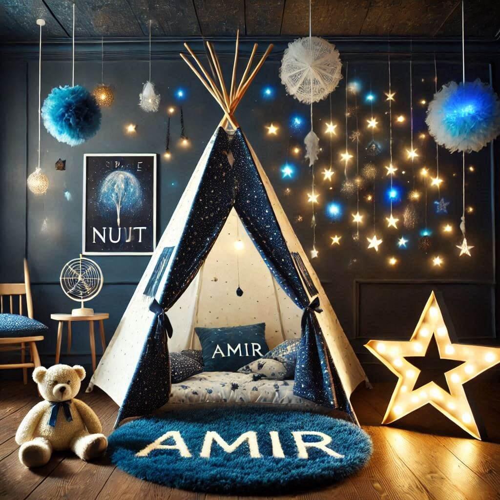 Decoration de chambre denfant sur le theme espace et galaxies avec le prenom amir avec un lit cabane un tipi couleur bleu nuit moutarde un tapis fourure bleu nuit une peluche fusee