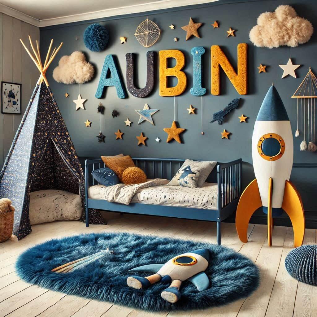 Decoration de chambre denfant sur le theme espace et galaxies avec le prenom aubin avec un lit cabane un tipi couleur bleu nuit moutarde un tapis fourure bleu nuit une peluche fuse