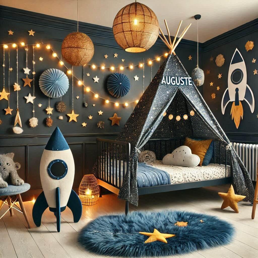 Decoration de chambre denfant sur le theme espace et galaxies avec le prenom auguste avec un lit cabane un tipi couleur bleu nuit moutarde un tapis fourure bleu nuit une peluche fu