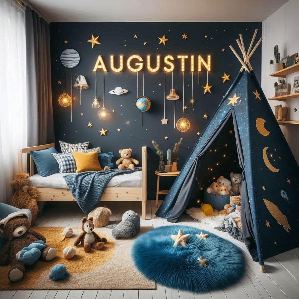 Decoration de chambre denfant sur le theme espace et galaxies avec le prenom augustin avec un lit cabane un tipi couleur bleu nuit moutarde un tapis fourure bleu nuit une peluche f