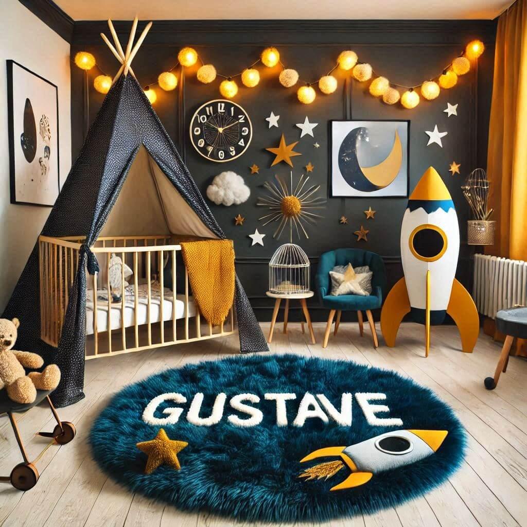 Decoration de chambre denfant sur le theme espace et galaxies avec le prenom gustave avec un lit cabane un tipi couleur bleu nuit moutarde un tapis fourure bleu nuit une peluche fu