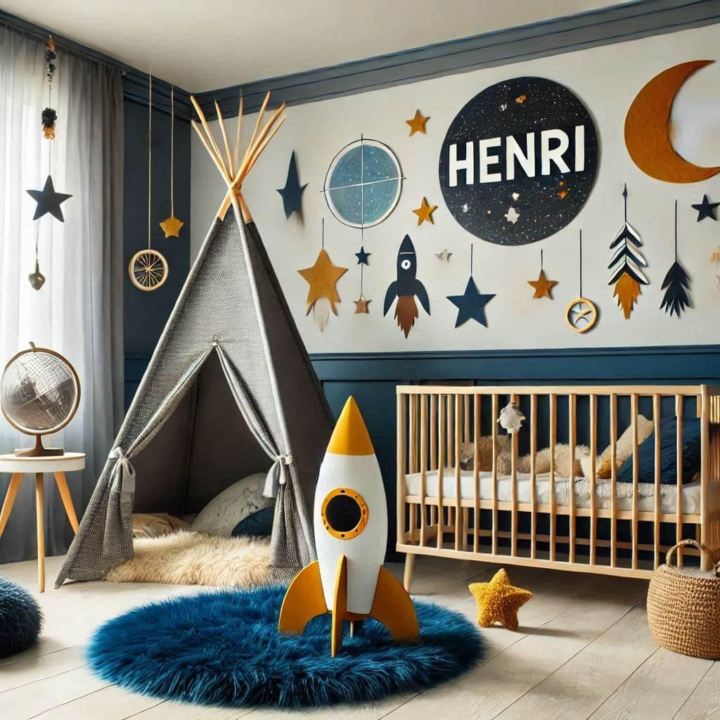 Decoration de chambre denfant sur le theme espace et galaxies avec le prenom henri avec un lit cabane un tipi couleur bleu nuit moutarde un tapis fourure bleu nuit une peluche fuse