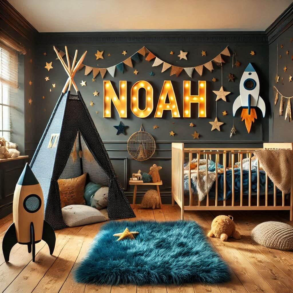 Decoration de chambre denfant sur le theme espace et galaxies avec le prenom noah avec un lit cabane un tipi couleur bleu nuit moutarde un tapis fourure bleu nuit une peluche fusee