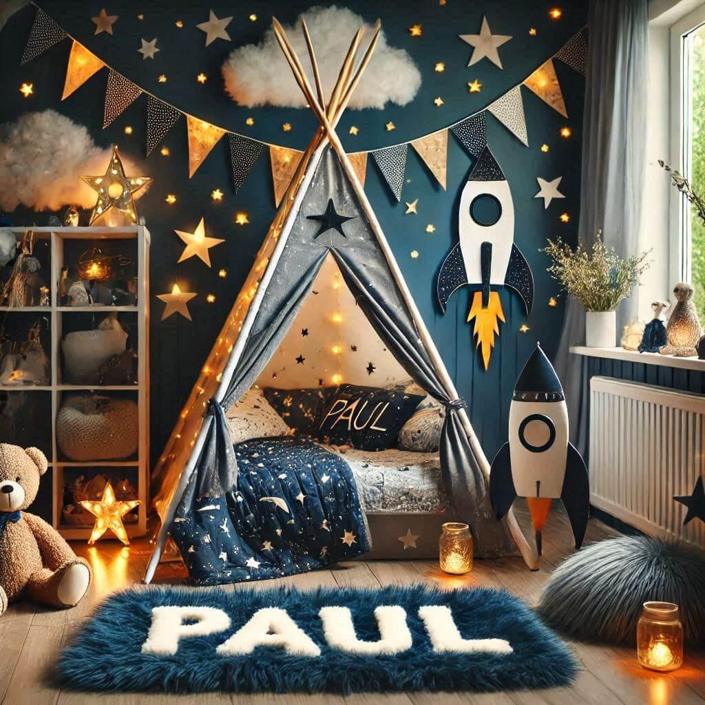 Decoration de chambre denfant sur le theme espace et galaxies avec le prenom paul avec un lit cabane un tipi couleur bleu nuit moutarde un tapis fourure bleu nuit une peluche fusee