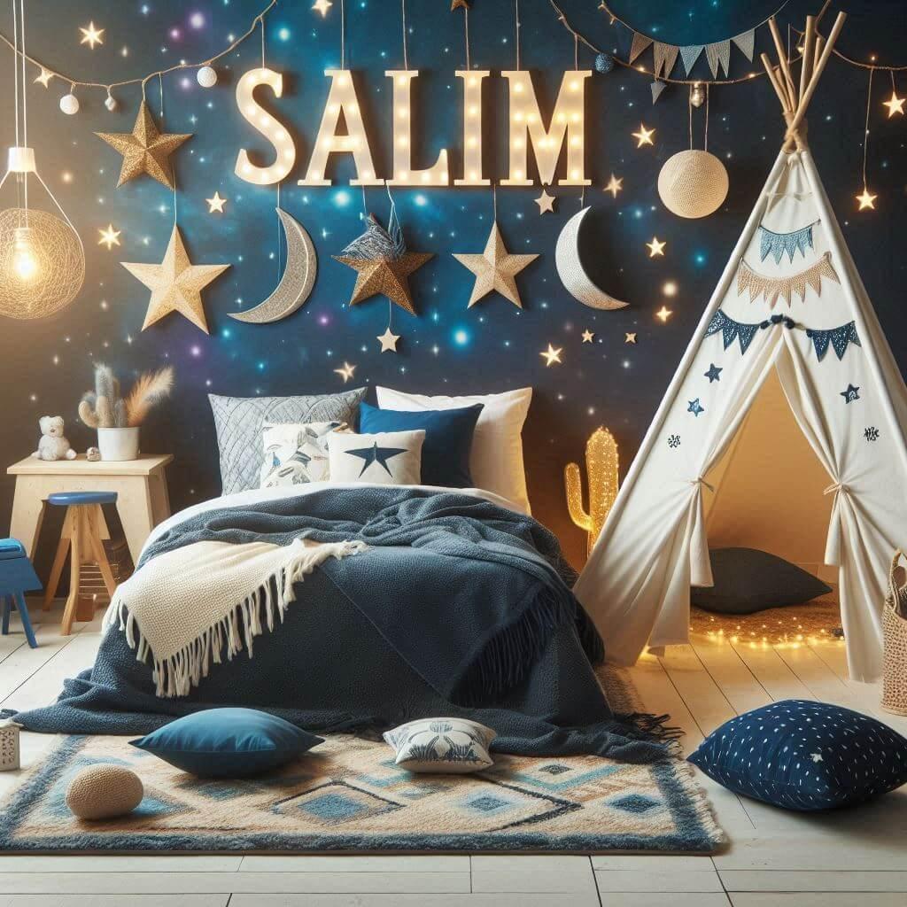 Decoration de chambre denfant sur le theme espace et galaxies avec le prenom salim avec un lit cabane un tipi couleur bleu nuit moutarde un tapis fourure bleu nuit une peluche fuse