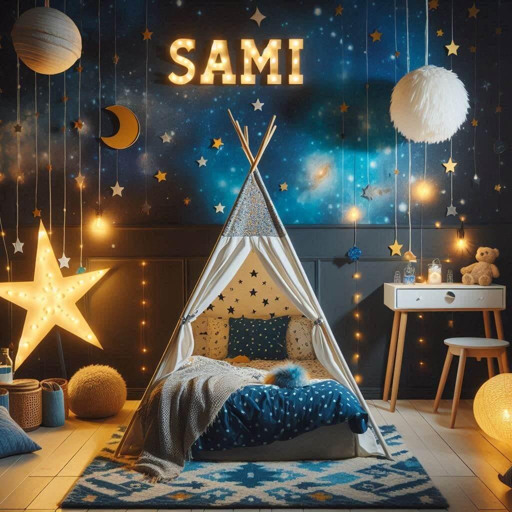 Decoration de chambre denfant sur le theme espace et galaxies avec le prenom sami avec un lit cabane un tipi couleur bleu nuit moutarde un tapis fourure bleu nuit une peluche fusee