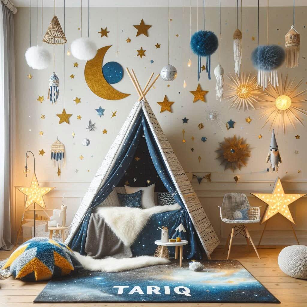 Decoration de chambre denfant sur le theme espace et galaxies avec le prenom tariq avec un lit cabane un tipi couleur bleu nuit moutarde un tapis fourure bleu nuit une peluche fuse