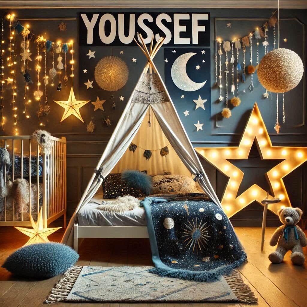 Decoration de chambre denfant sur le theme espace et galaxies avec le prenom youssef avec un lit cabane un tipi couleur bleu nuit moutarde un tapis fourure bleu nuit une peluche fu