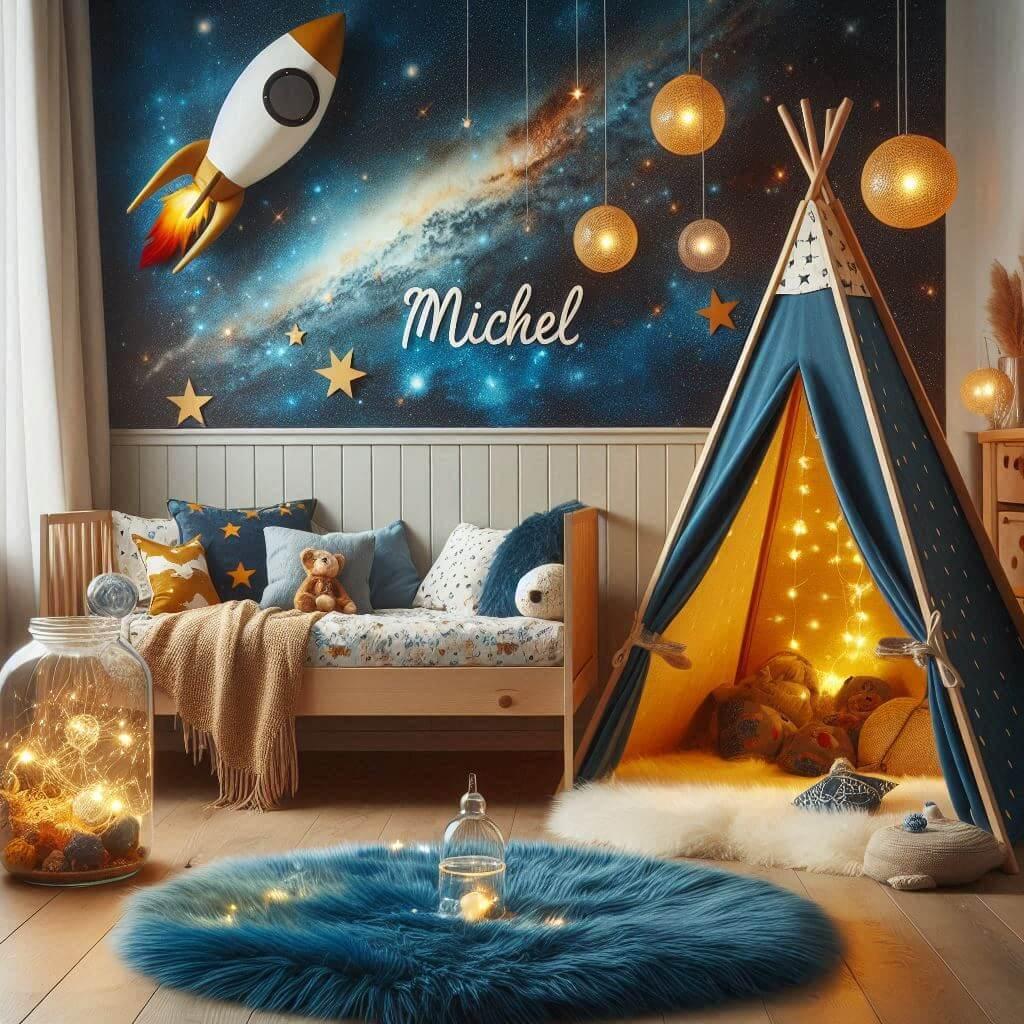 Decoration de chambre denfant sur le theme espace et galaxies avec un lit cabane un tipi couleur bleu nuit moutarde un tapis fourure bleu nuit une peluche fusee avec un bocal en ve