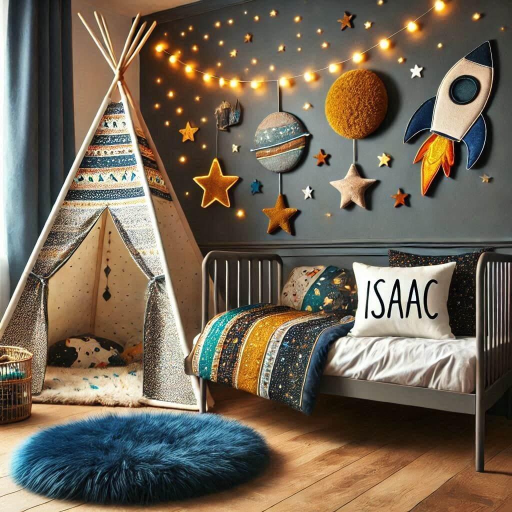 Decoration de chambre denfant sur le theme espace et galaxies avec un lit cabane un tipi couleur bleu nuit moutarde un tapis fourure bleu nuit une peluche fusee guirlande lumineuse