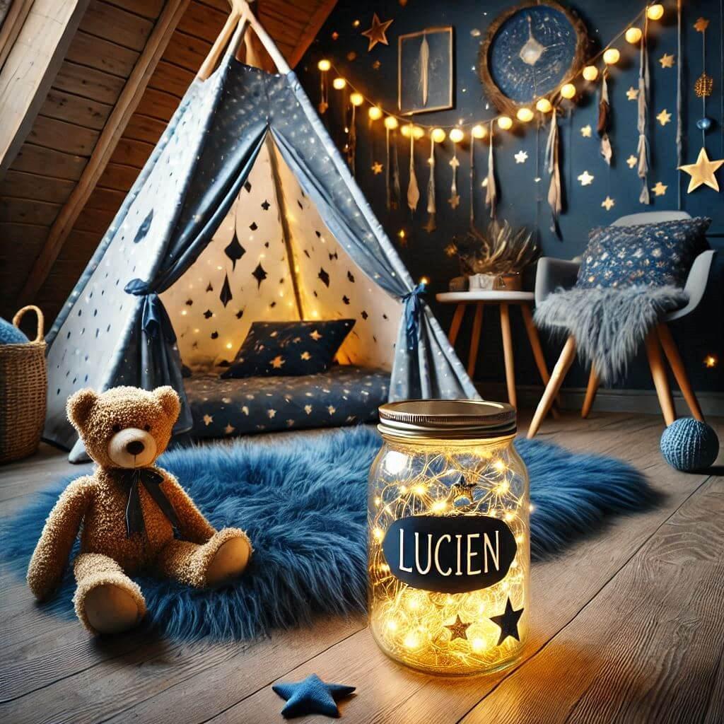 Decoration de chambre denfant sur le theme espace et galaxies avec un lit cabane un tipi couleur bleu nuit moutarde un tapis fourure bleu nuit une peluche fusee guirlande lumineuse