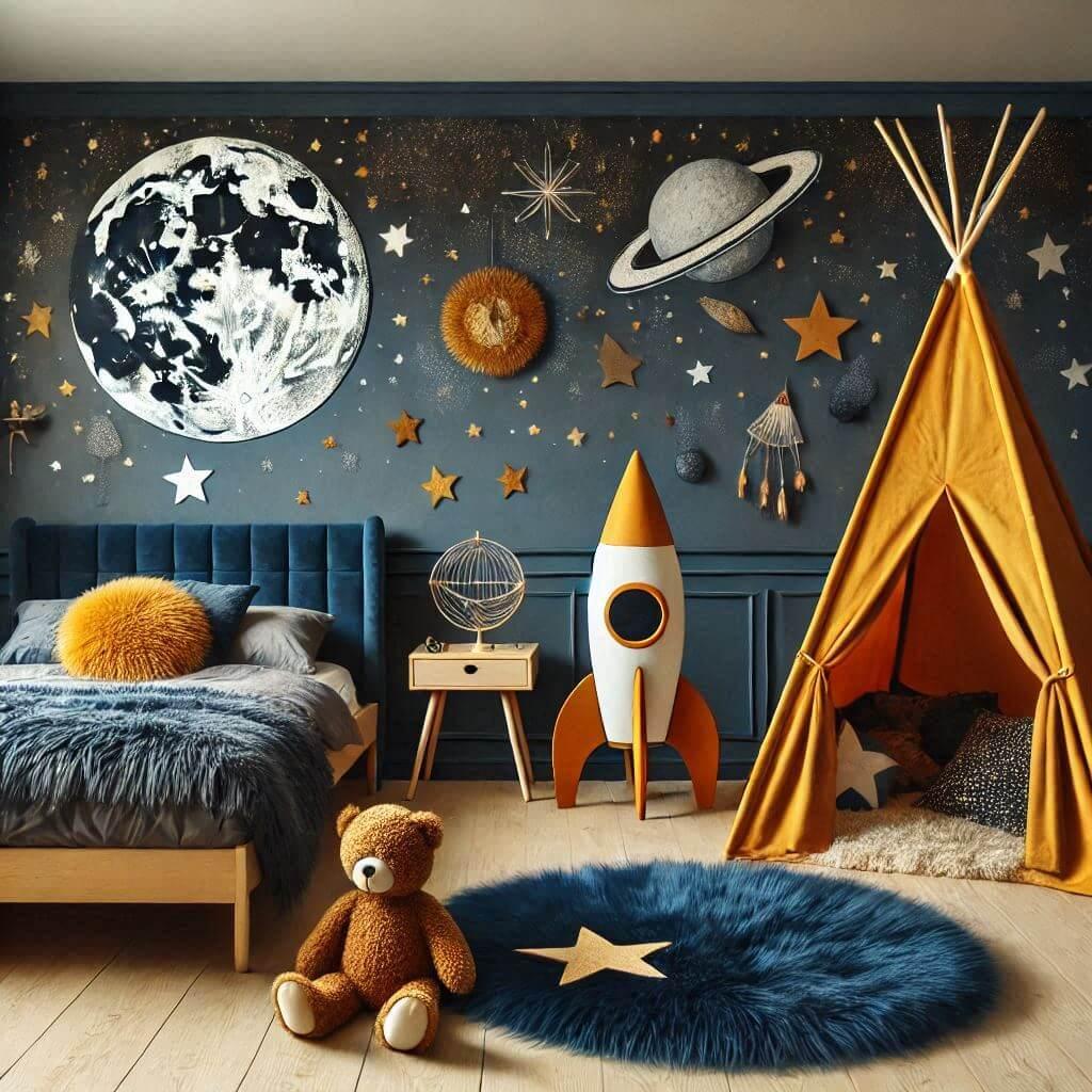 Decoration de chambre denfant sur le theme espace et galaxies avec un lit cabane un tipi couleur bleu nuit moutarde un tapis fourure bleu nuit une peluche fusee