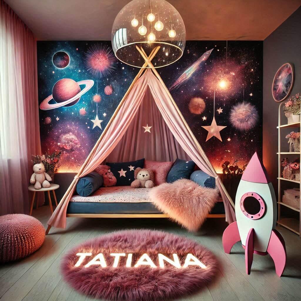 Decoration de chambre denfant sur le theme espace et galaxies avec un lit cabane un tipi couleur bleu nuit rose poudre un tapis fourure bleu nuit une peluche fusee avec le prenom t