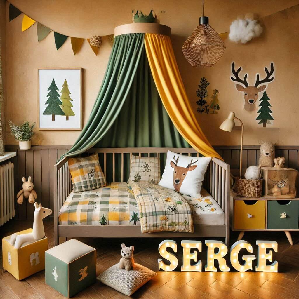 Decoration de chambre denfant sur le theme foret avec un lit simple ciel de lit couleur jaune vert marron meuble cube pour les jouets draps motifs cerf lampe chat allumee le prenom