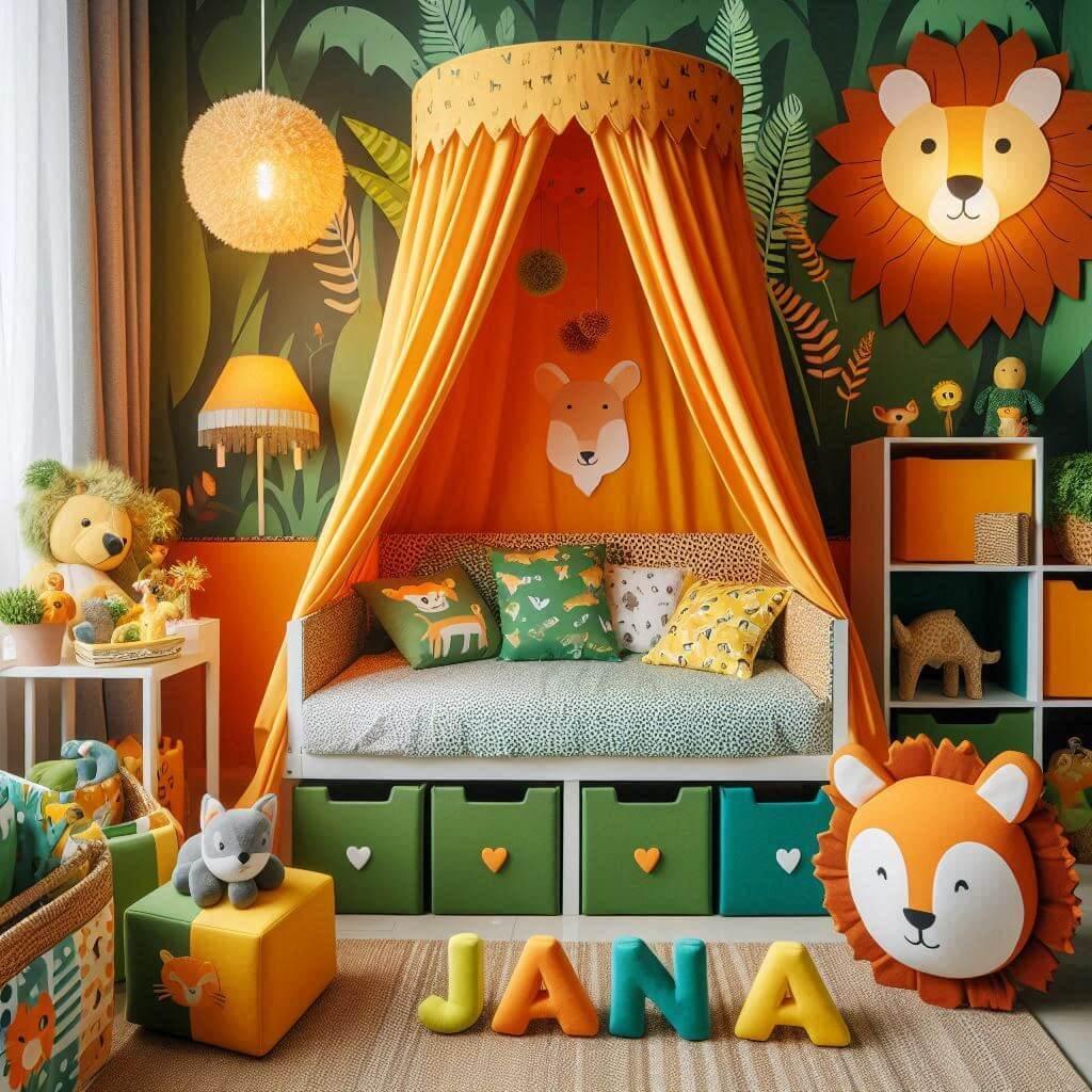 Decoration de chambre denfant sur le theme jungle avec un lit simple ciel de lit couleur orange jaun