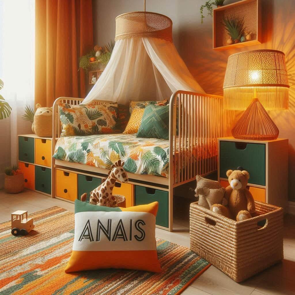 Decoration de chambre denfant sur le theme jungle avec un lit simple ciel de lit couleur orange jaune vert marron meuble cube pour les jouets draps motifs lion lampe en rotin allum