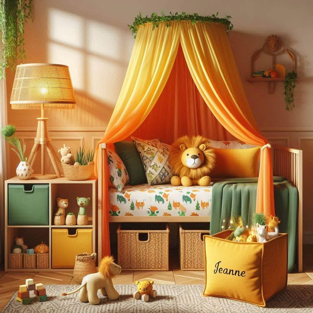 Decoration de chambre denfant sur le theme jungle avec un lit simple ciel de lit couleur orange jaune vert marron meuble cube pour les jouets draps motifs lion lampe en rotin allum