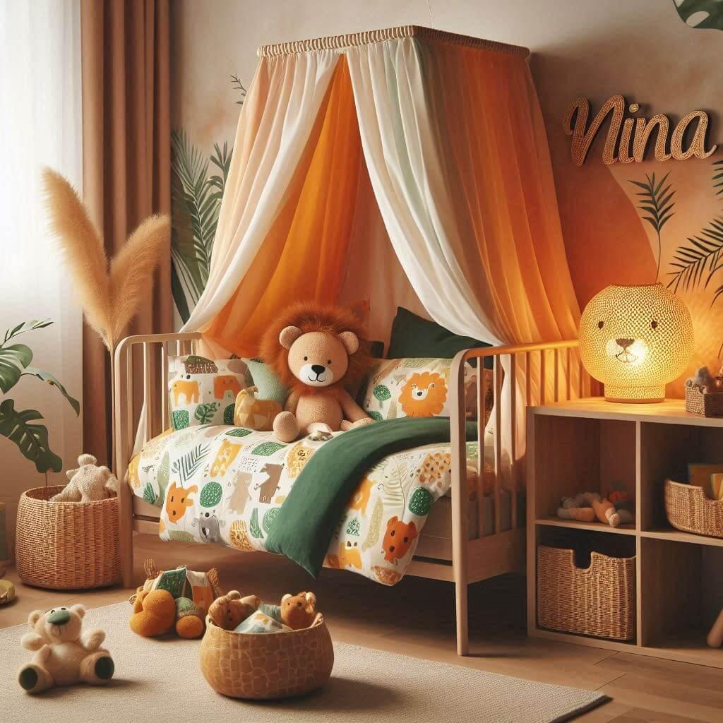 Decoration de chambre denfant sur le theme jungle avec un lit simple ciel de lit couleur orange jaune vert marron meuble cube pour les jouets draps motifs lion lampe en rotin allum