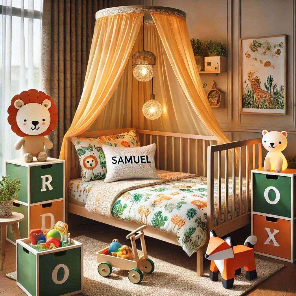 Decoration de chambre denfant sur le theme jungle avec un lit simple ciel de lit couleur orange jaune vert marron meuble cube pour les jouets draps motifs lion lampe renard allumee