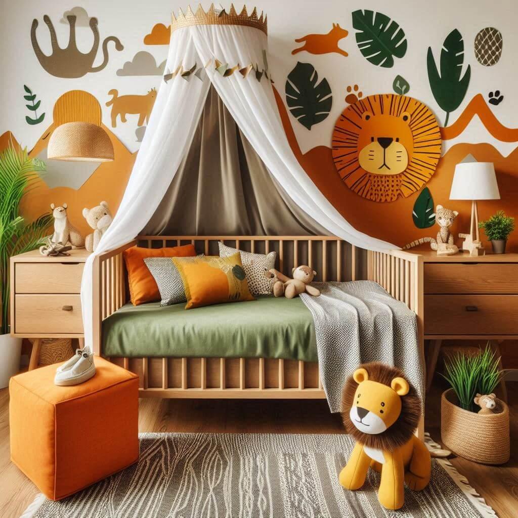 Decoration de chambre denfant sur le theme jungle avec un lit simple ciel de lit couleur orange jaune vert marron meuble cube pour les jouets draps motifs lion lampe renard allumee