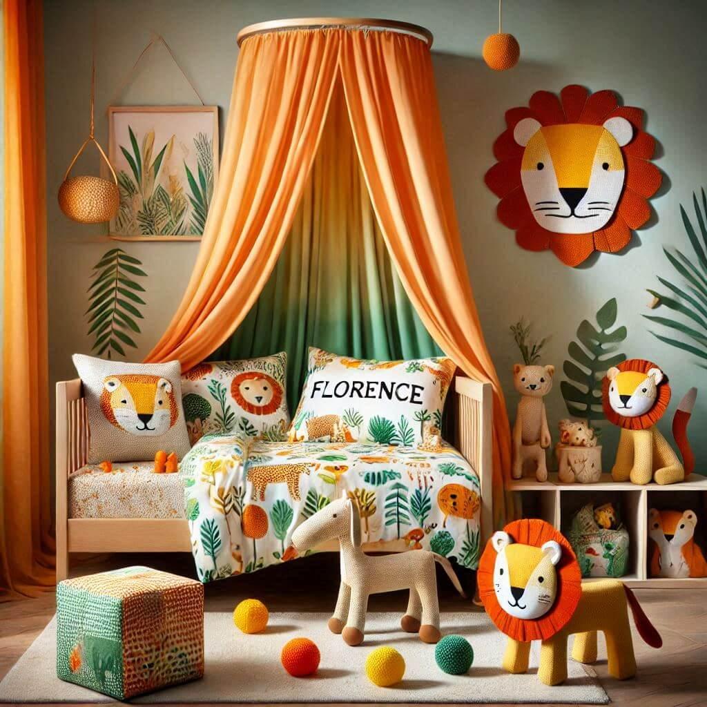 Decoration de chambre denfant sur le theme jungle avec un lit simple ciel de lit couleur orange jaune vert marron meuble cube pour les jouets draps motifs lion lampe renard allumee