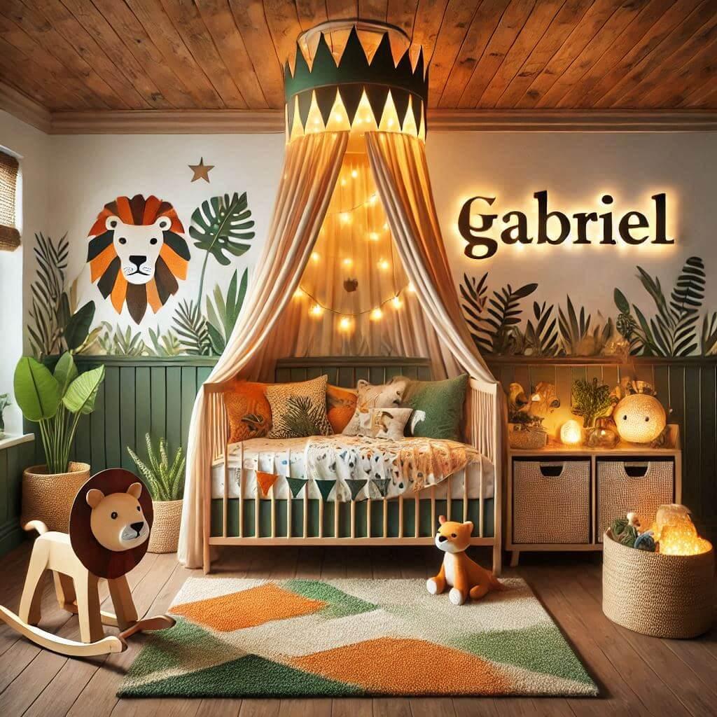 Decoration de chambre denfant sur le theme jungle avec un lit simple ciel de lit couleur orange jaune vert marron meuble cube pour les jouets draps motifs lion lampe renard allumee