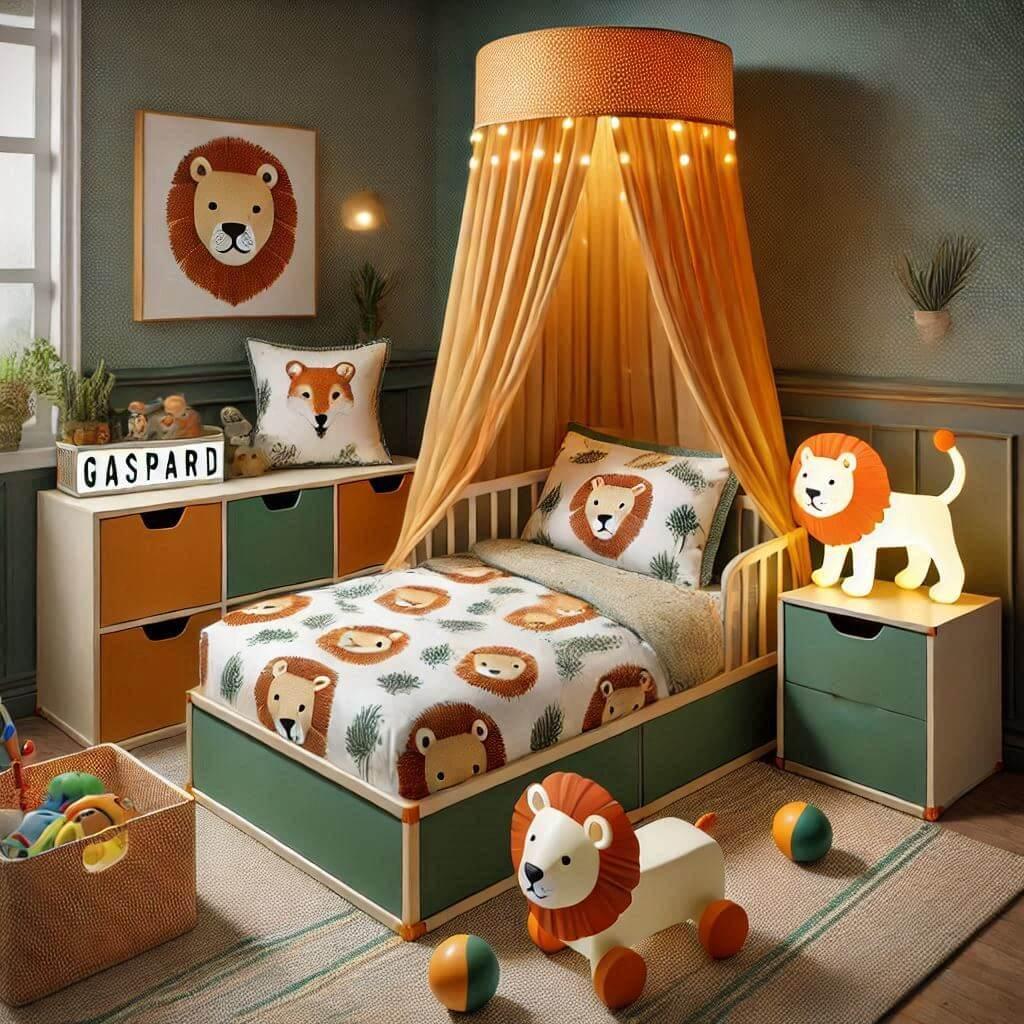 Decoration de chambre denfant sur le theme jungle avec un lit simple ciel de lit couleur orange jaune vert marron meuble cube pour les jouets draps motifs lion lampe renard allumee