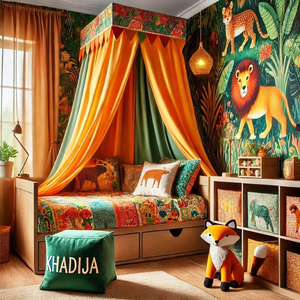 Decoration de chambre denfant sur le theme jungle avec un lit simple ciel de lit couleur orange jaune vert marron meuble cube pour les jouets draps motifs lion lampe renard allumee