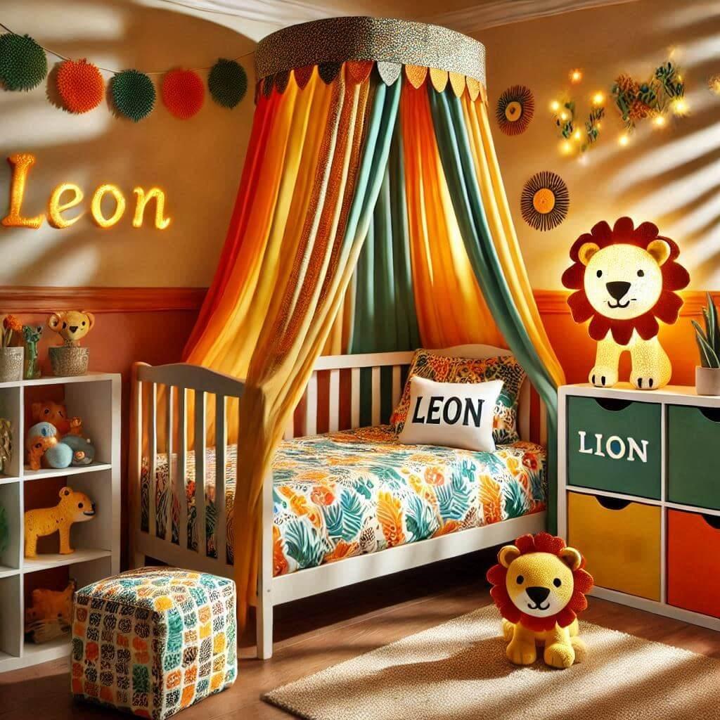 Decoration de chambre denfant sur le theme jungle avec un lit simple ciel de lit couleur orange jaune vert marron meuble cube pour les jouets draps motifs lion lampe renard allumee