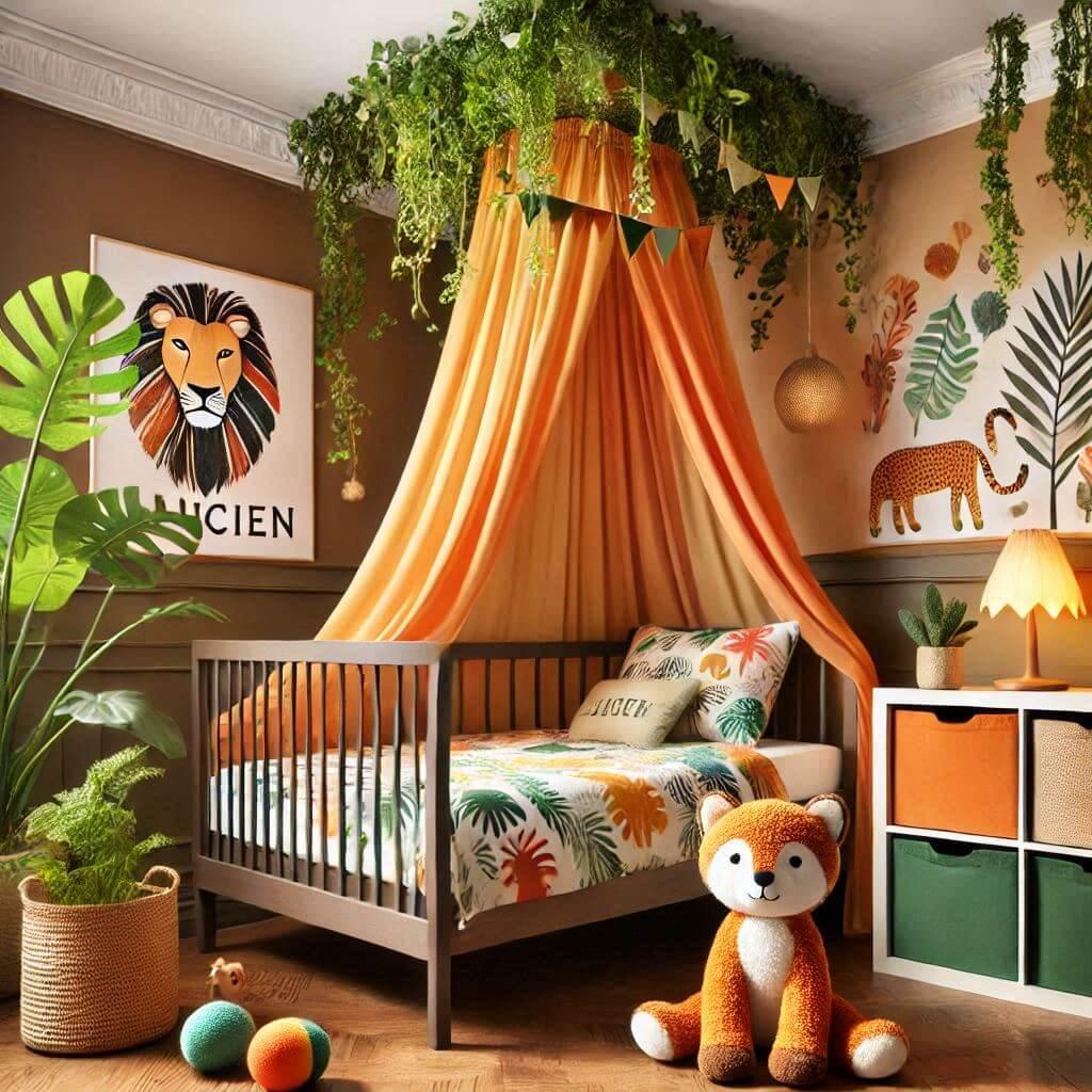 Decoration de chambre denfant sur le theme jungle avec un lit simple ciel de lit couleur orange jaune vert marron meuble cube pour les jouets draps motifs lion lampe renard allumee