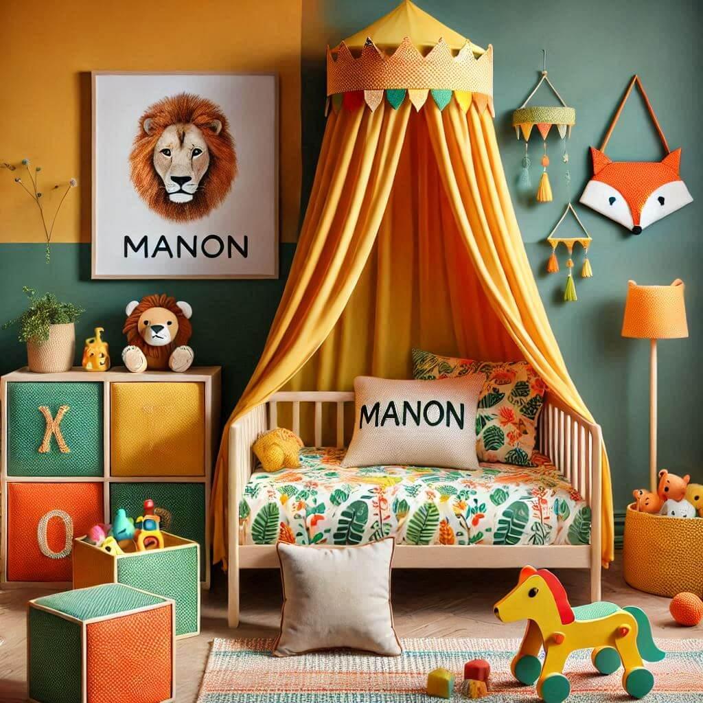 Decoration de chambre denfant sur le theme jungle avec un lit simple ciel de lit couleur orange jaune vert marron meuble cube pour les jouets draps motifs lion lampe renard allumee