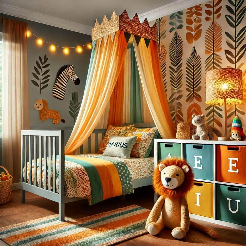 Decoration de chambre denfant sur le theme jungle avec un lit simple ciel de lit couleur orange jaune vert marron meuble cube pour les jouets draps motifs lion lampe renard allumee