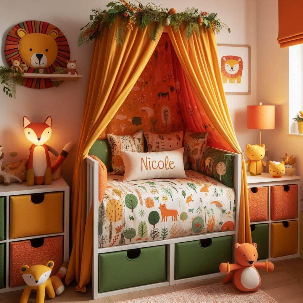 Decoration de chambre denfant sur le theme jungle avec un lit simple ciel de lit couleur orange jaune vert marron meuble cube pour les jouets draps motifs lion lampe renard allumee