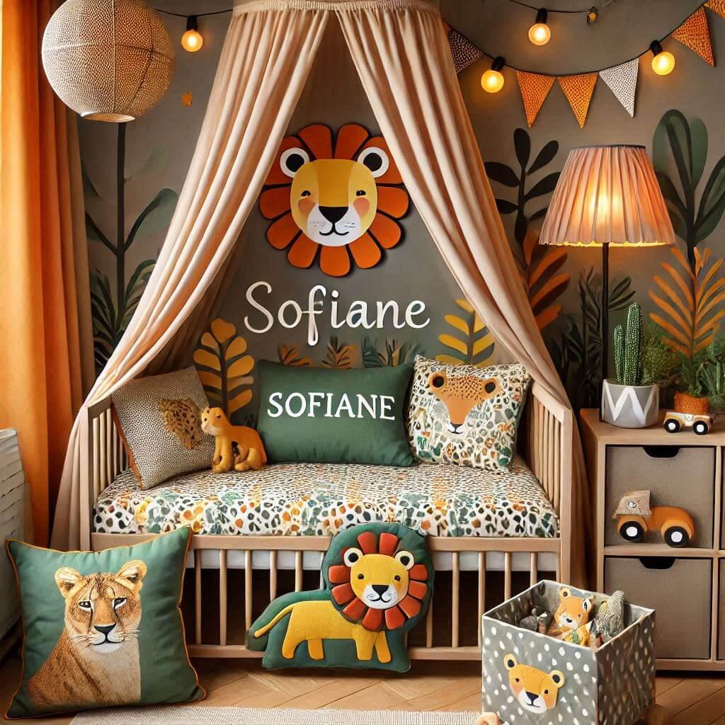 Decoration de chambre denfant sur le theme jungle avec un lit simple ciel de lit couleur orange jaune vert marron meuble cube pour les jouets draps motifs lion lampe renard allumee