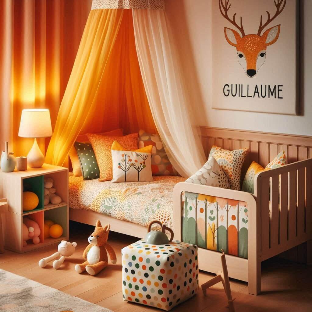 Decoration de chambre denfant sur le theme kader avec le prenom guillaume ecrit sur un coussin avec un lit simple ciel de lit couleur orange jaune vert marron meuble cube pour les