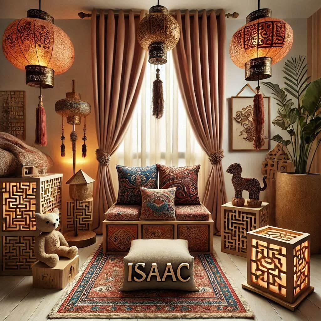 Decoration de chambre denfant sur le theme oriental lampes orientales meuble cube voilages avec le prenom isaac ecrit sur un coussin 1