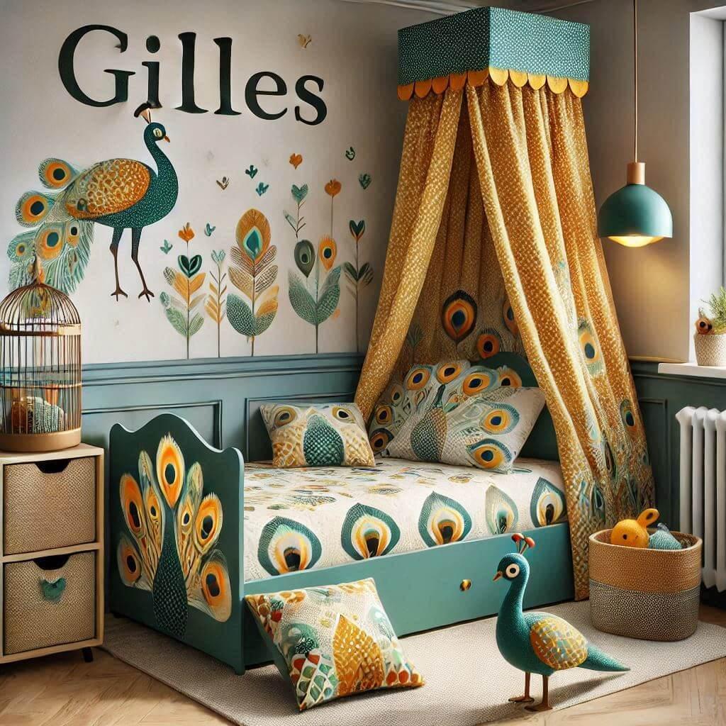 Decoration de chambre denfant sur le theme paon avec le prenom gilles ecrit sur un coussin avec un lit simple ciel de lit couleur jaune vert marron orange meuble cube pour les joue