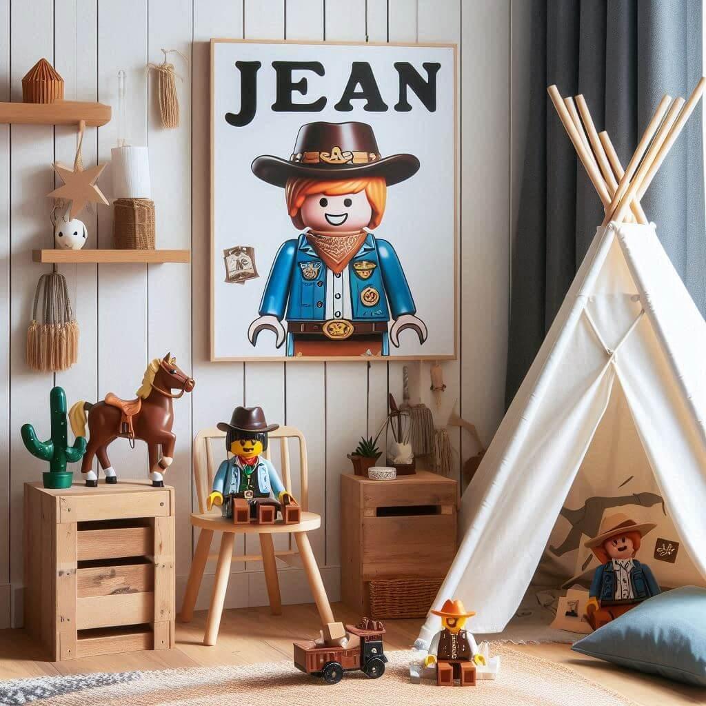 Decoration de chambre denfant sur le theme playmobil avec un lit theme cowboy avec le prenom jean ecrit en francais sur une affiche meuble cube tipi 1